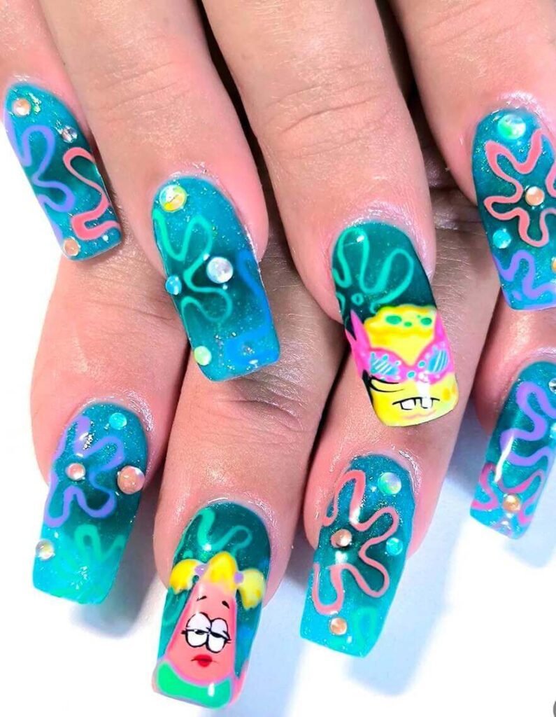 Sponge Bob cartoon nail designs