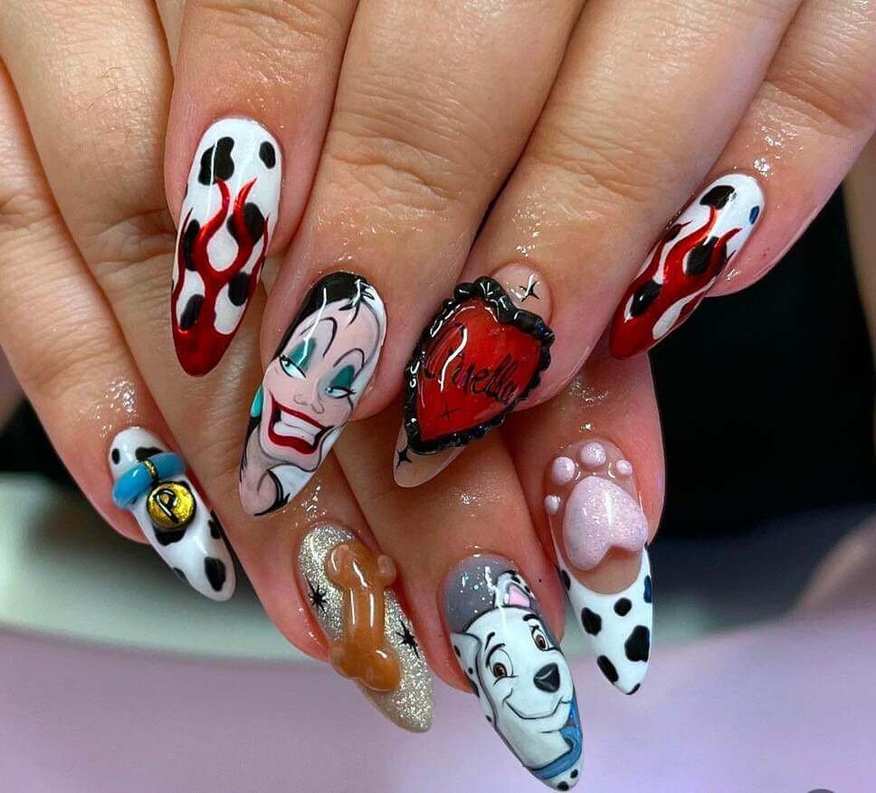Cruella cartoon nail designs