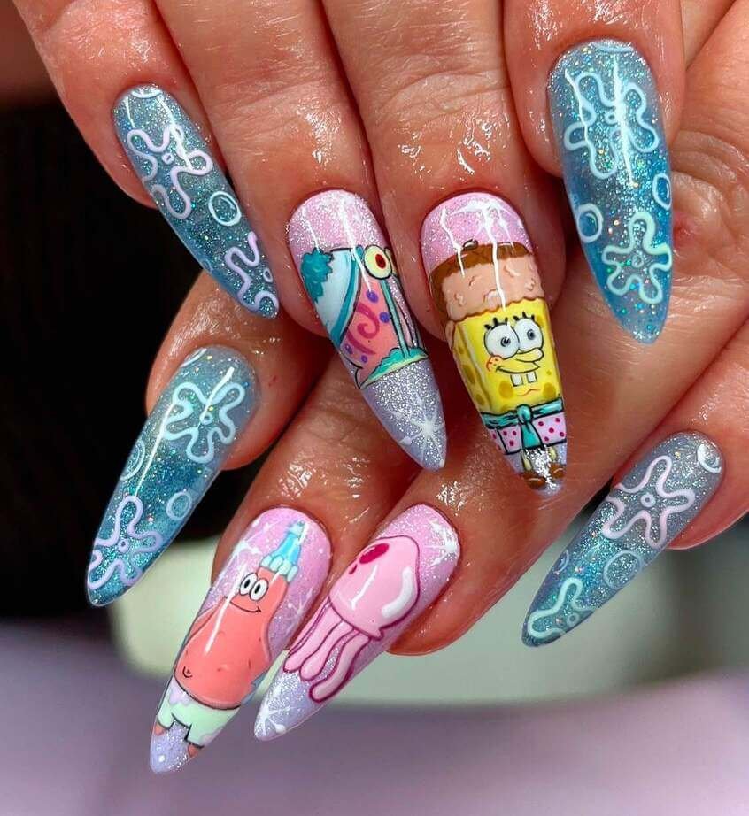 Sponge Bob cartoon nail designs