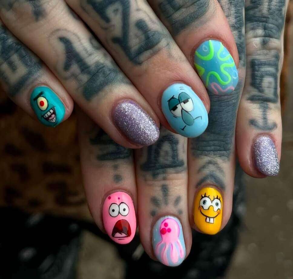 Sponge bob cartoon nail designs
