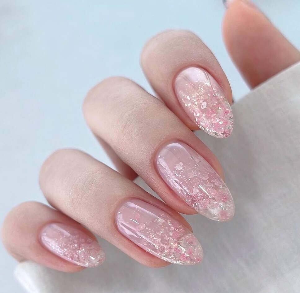 glittering cherry blossom nails