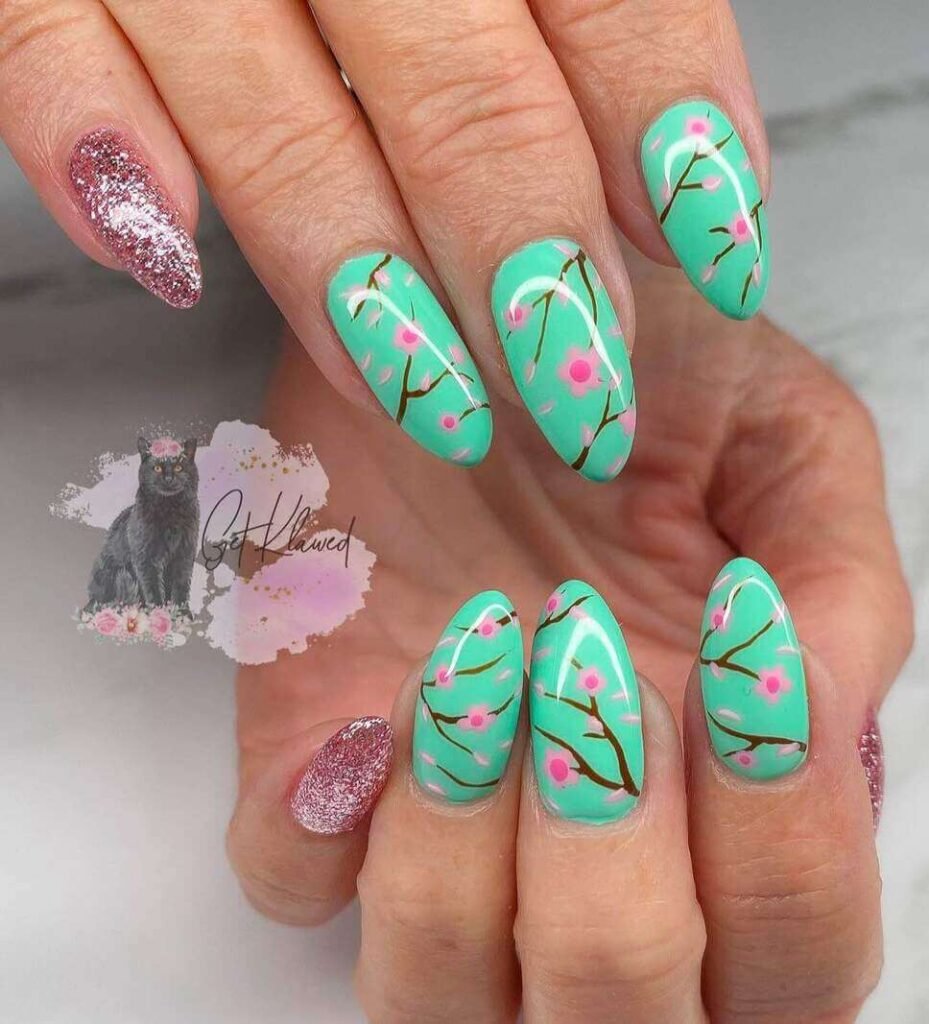 mint green cherry blossom nail ideas