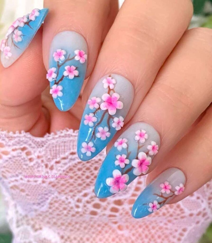 blue cherry blossom nail designs