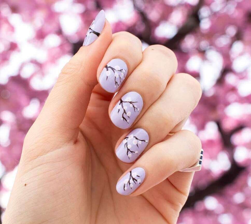 purple cherry blossom nails