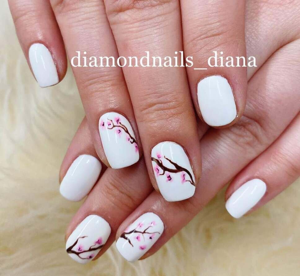 white cherry blossom nail designs