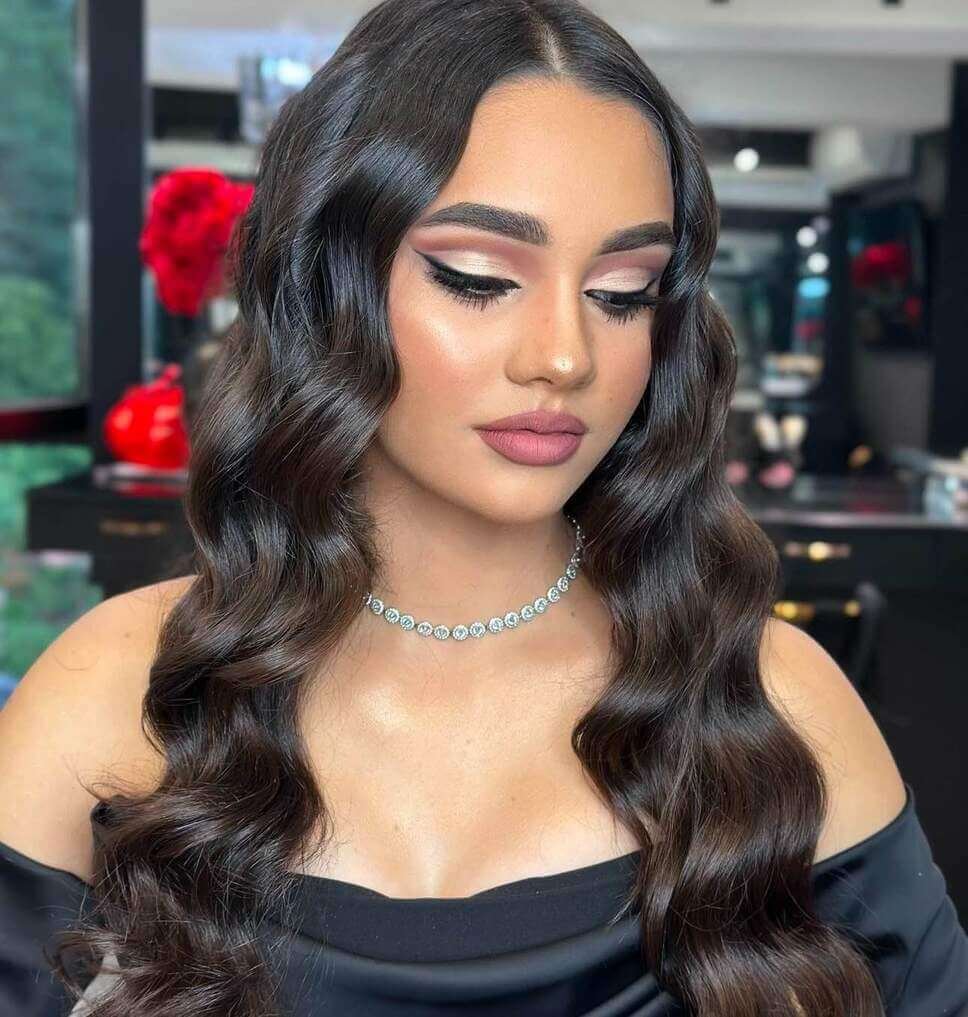 winged cut crease prom makeup looks with a black dress