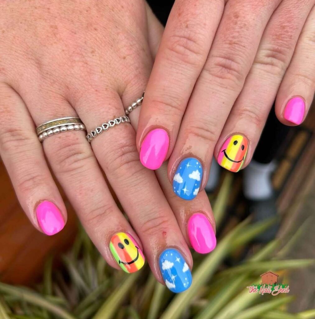 cloud nails with smiley faces