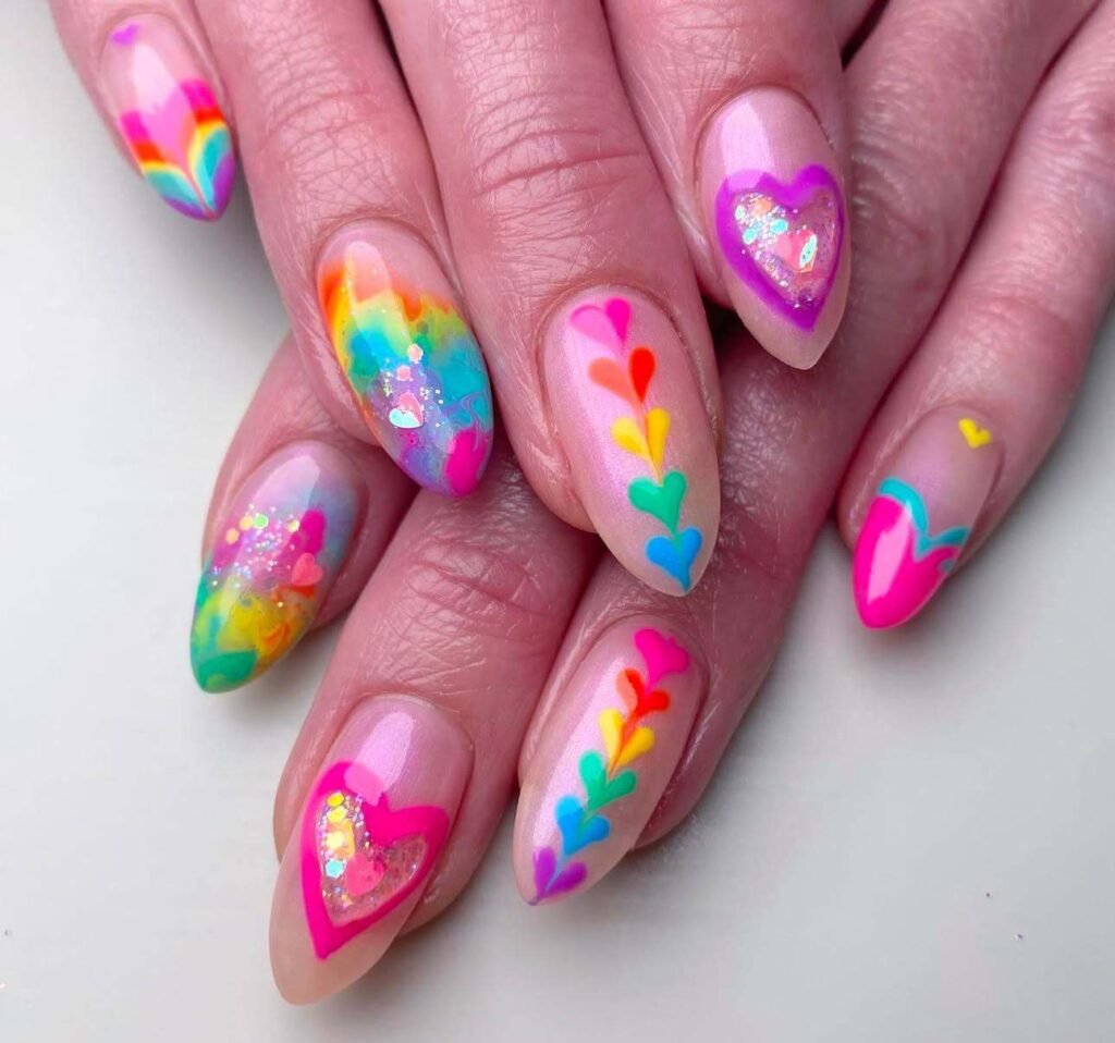 rainbow heart nails