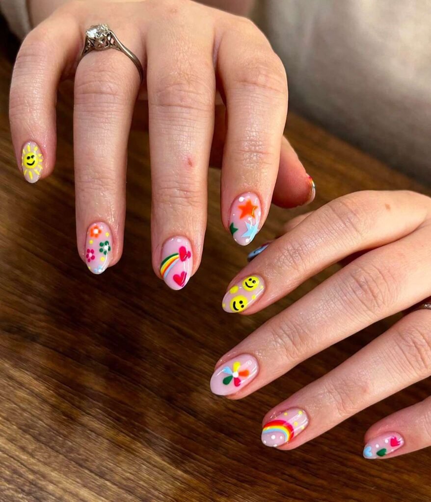 rainbow nails with smiley faces