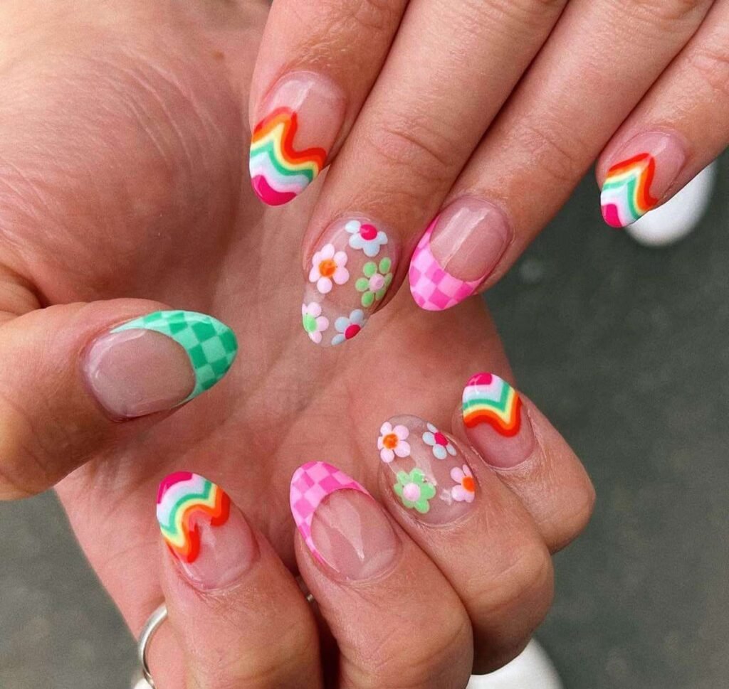 rainbow nails with flowers