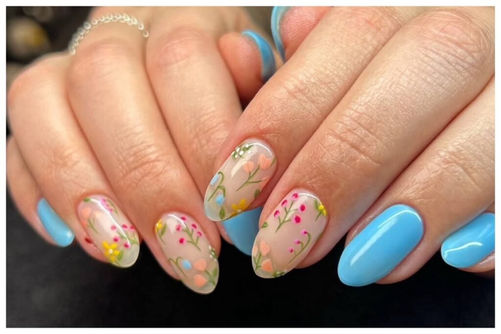 blue nail designs with flowers