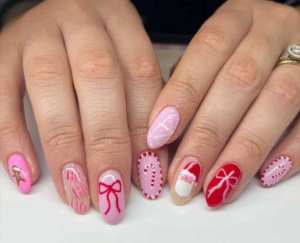 pink and red christmas nails
