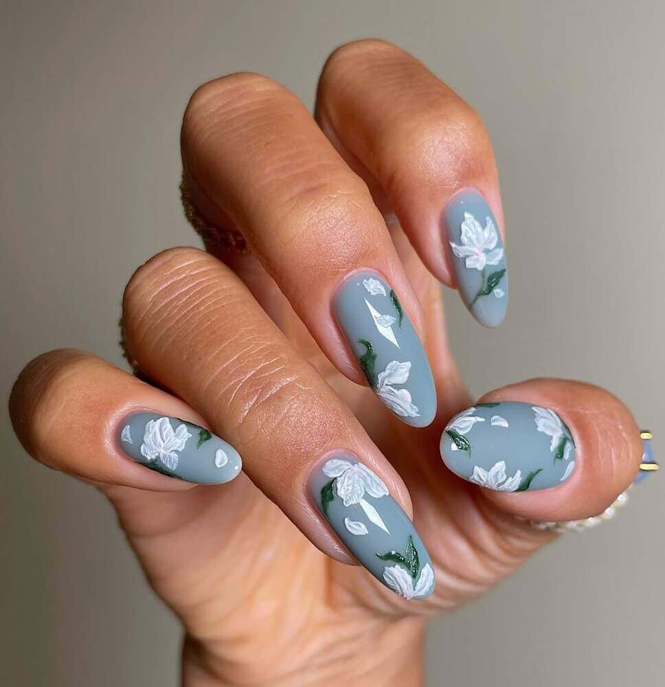 blue floral nails