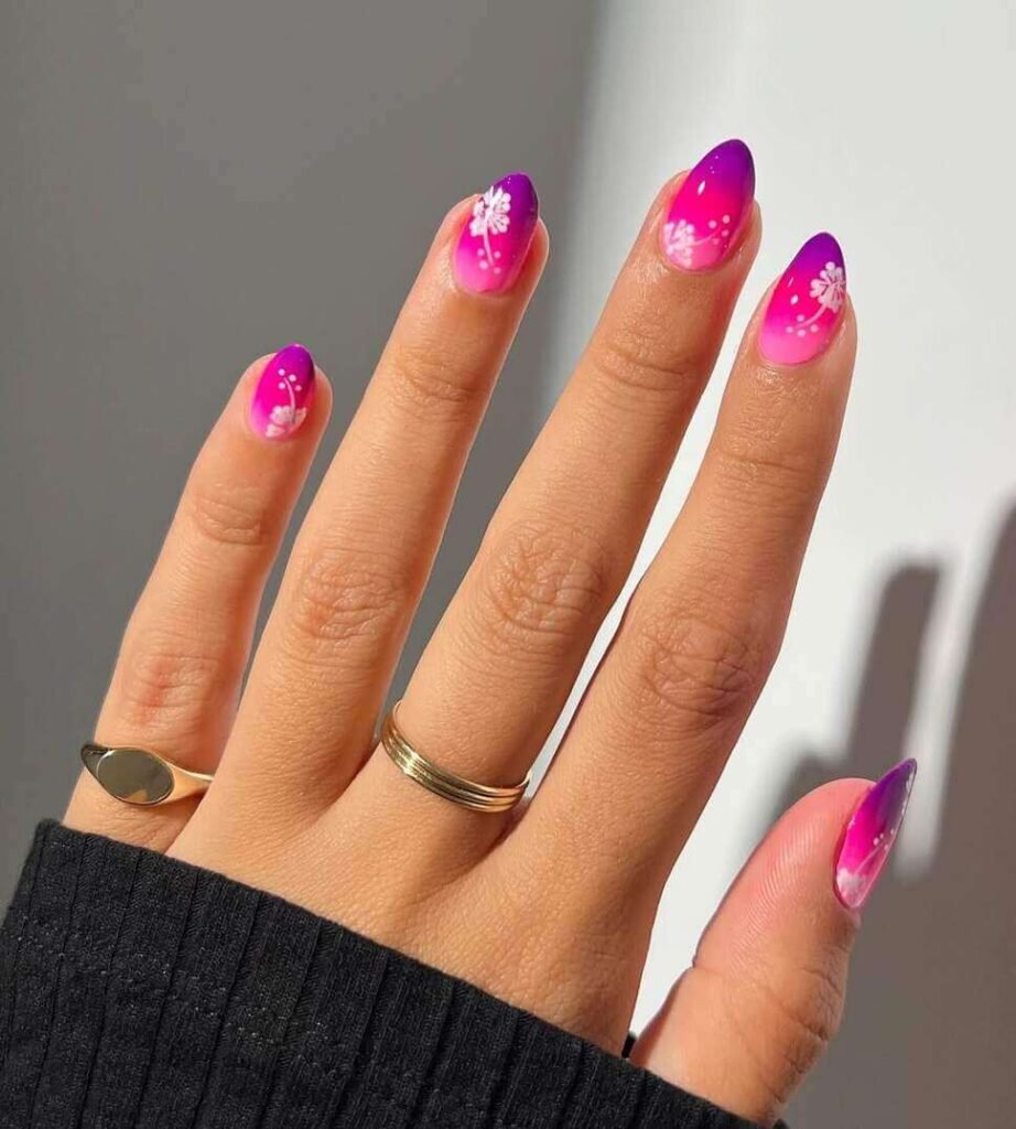 hot pink floral nails
