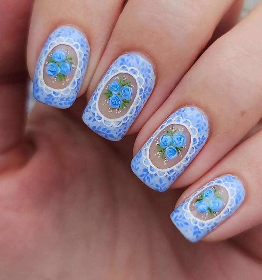 blue floral nails