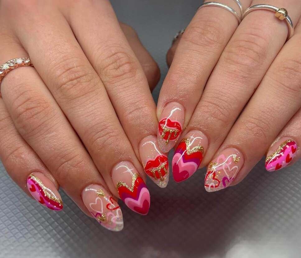 red and pink lip nails