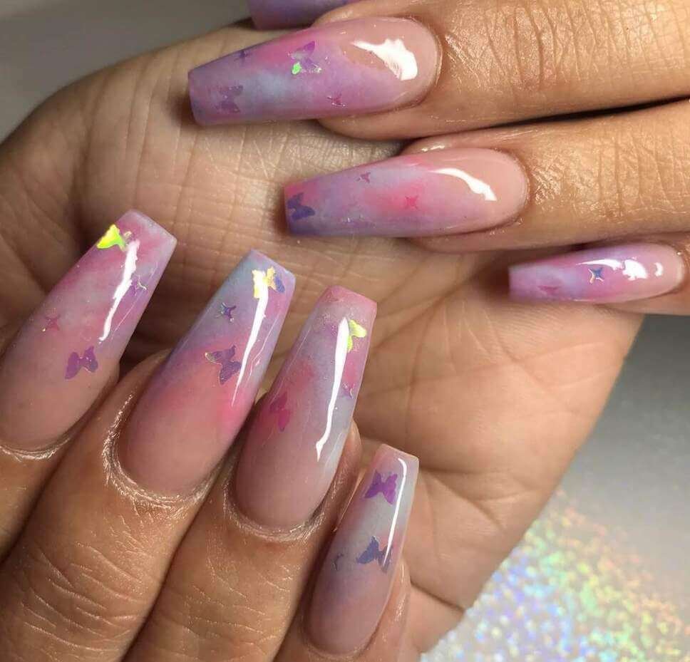 cotton candy nails with butterflies