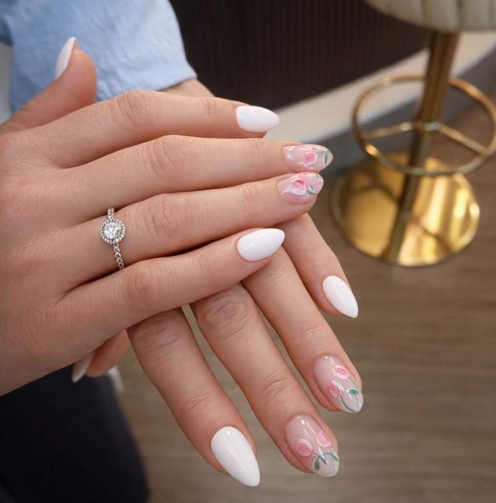pink and white spring nails