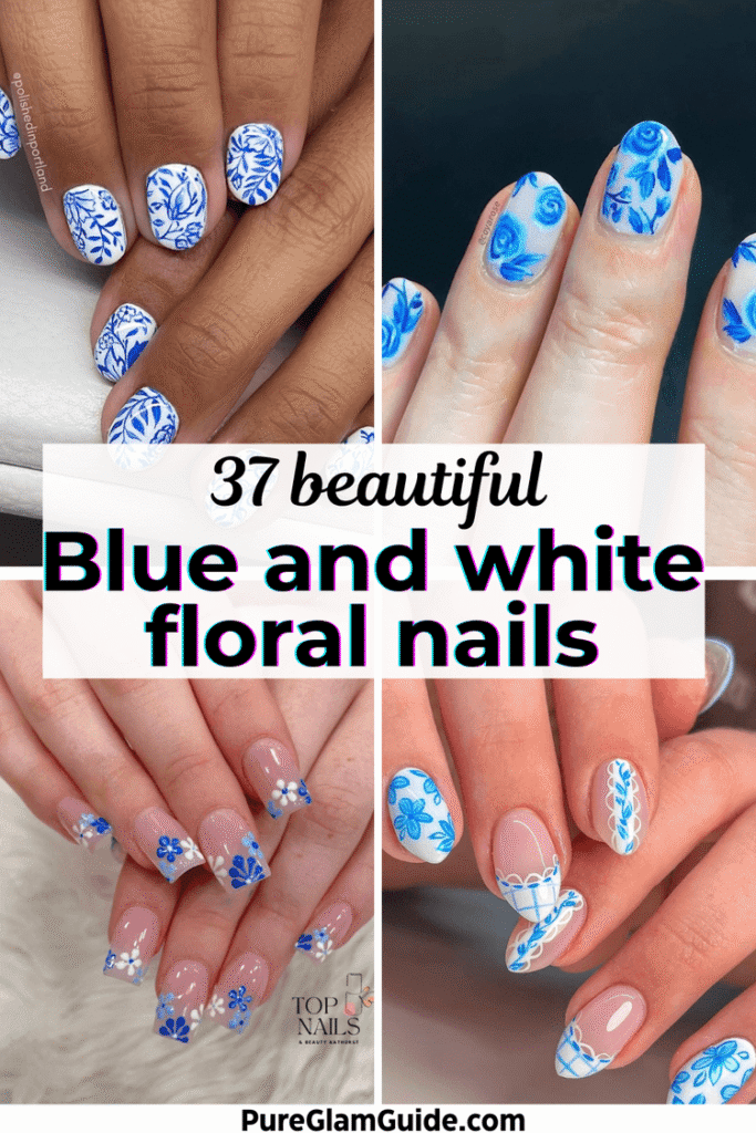 blue and white floral nails