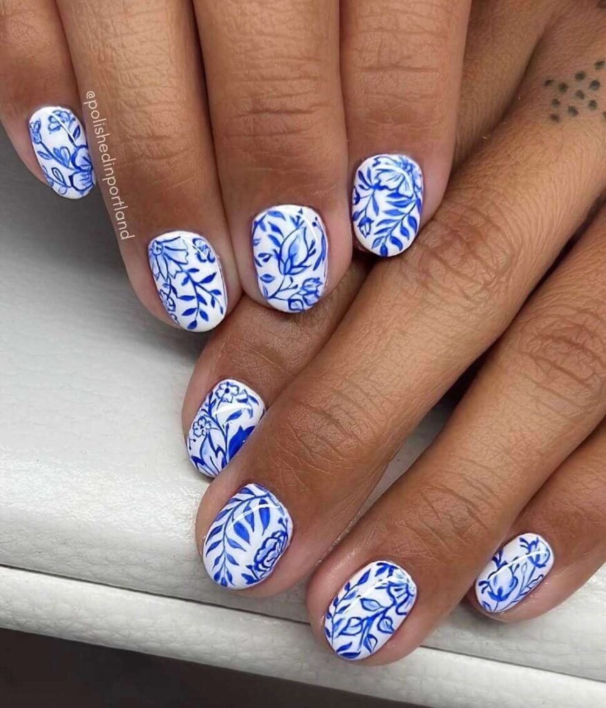 blue and white floral nails