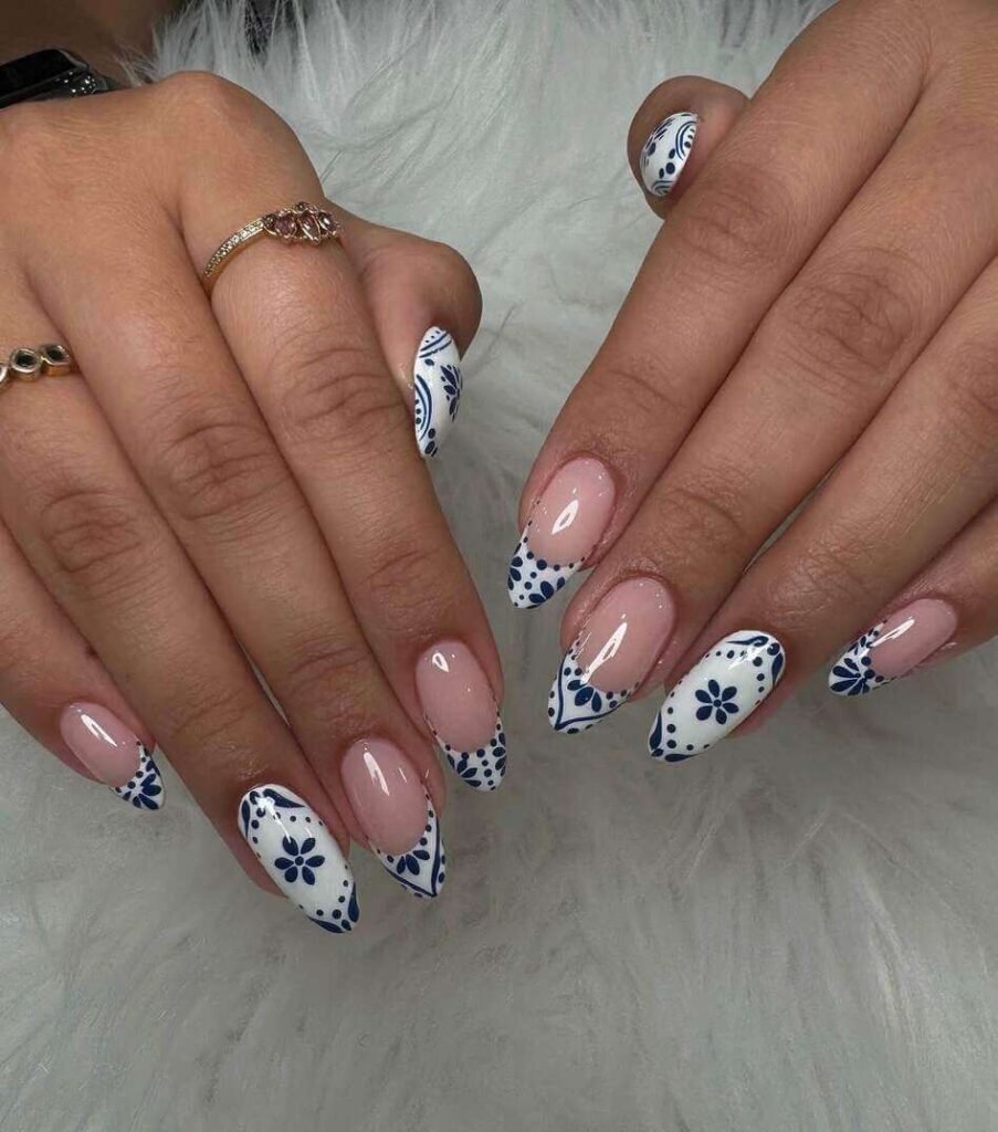 blue and white floral nails