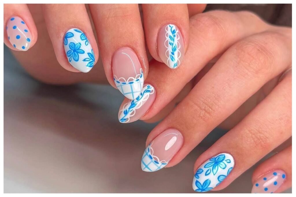 blue and white floral nails