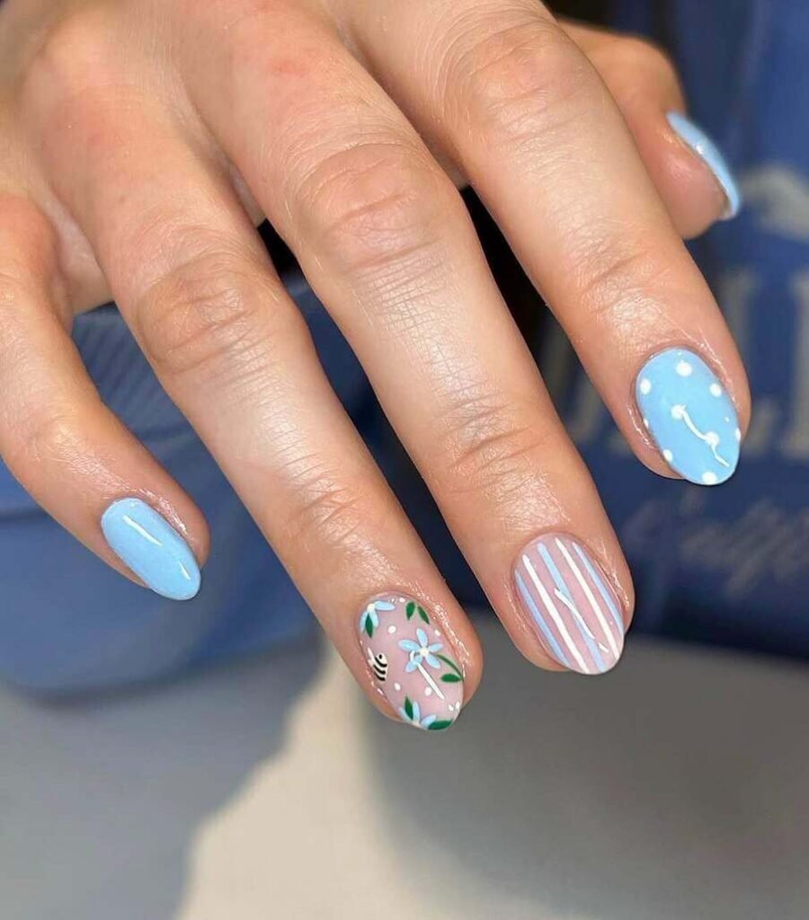 blue and white floral nails