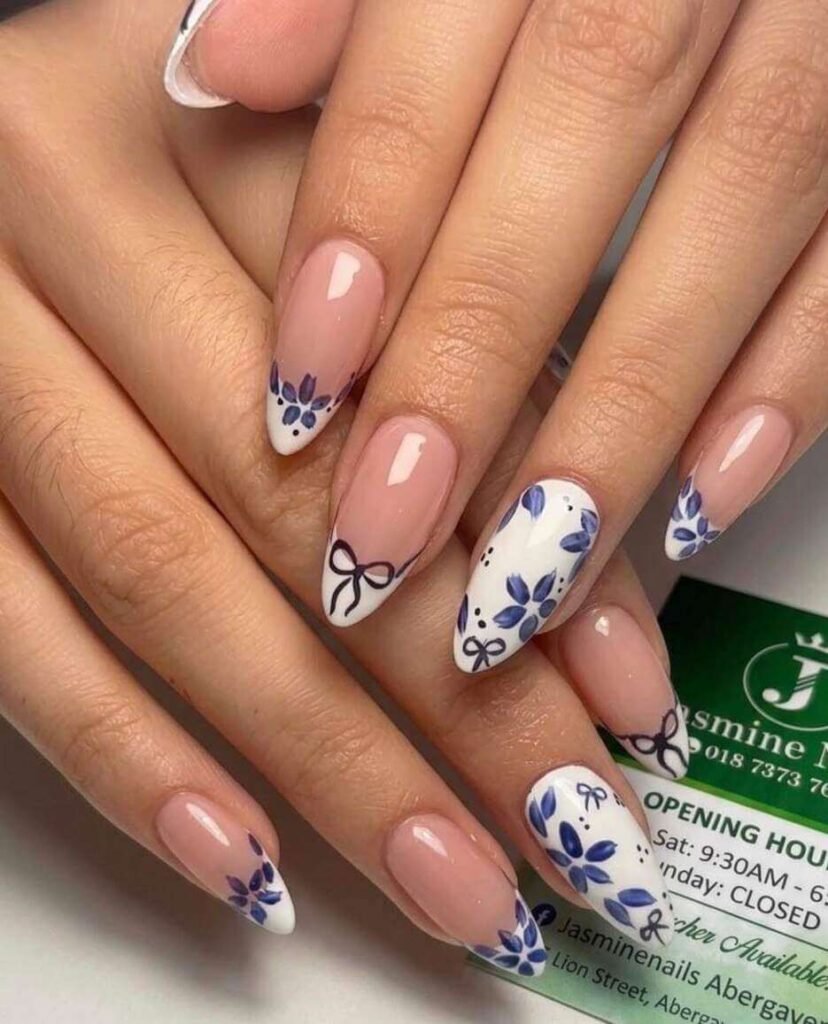 blue and white floral nails