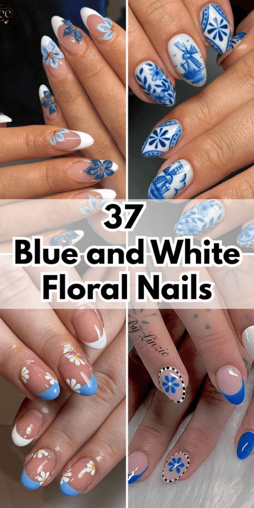 blue and white floral nails