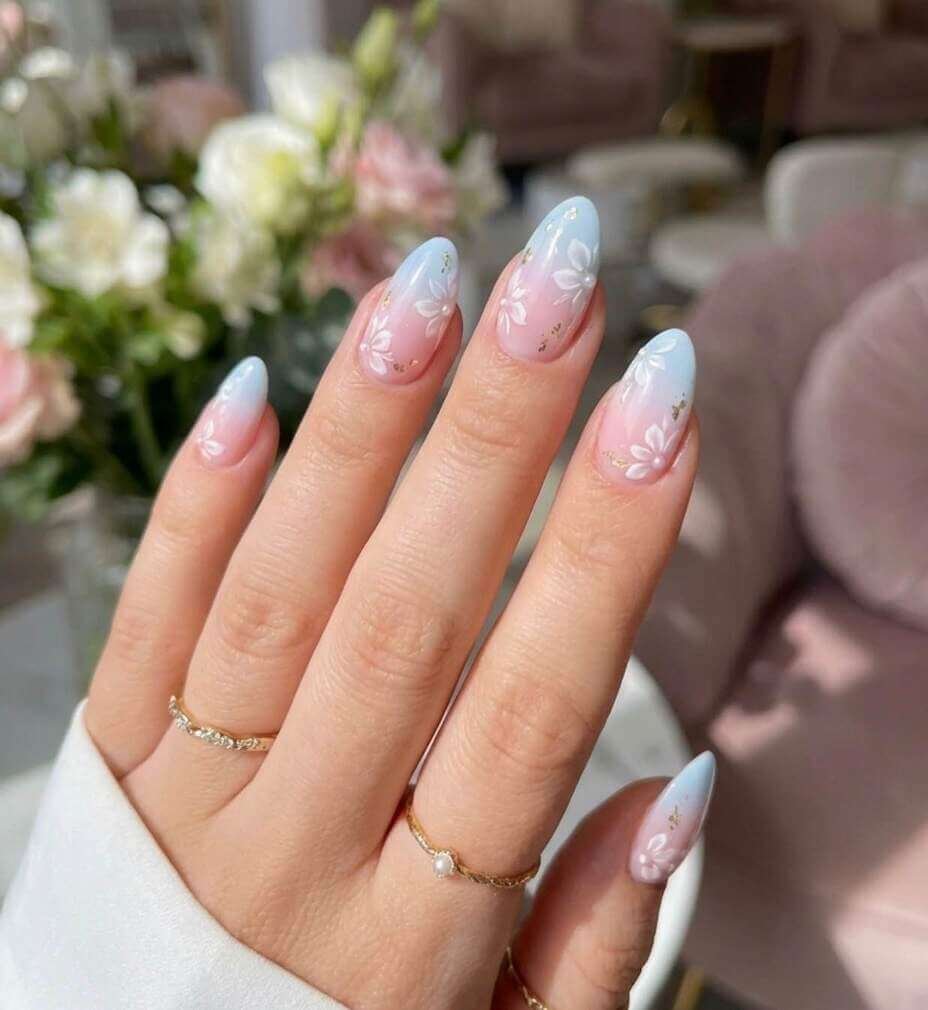 blue and white floral nails