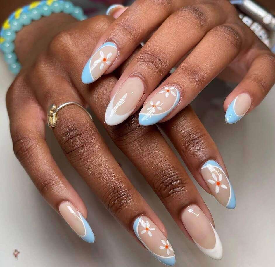 pastel blue and white floral nails