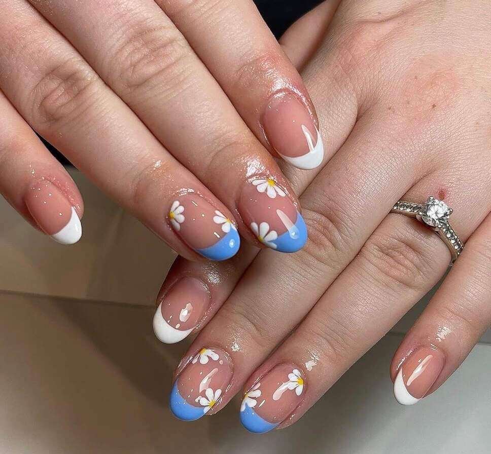 blue and white floral nails