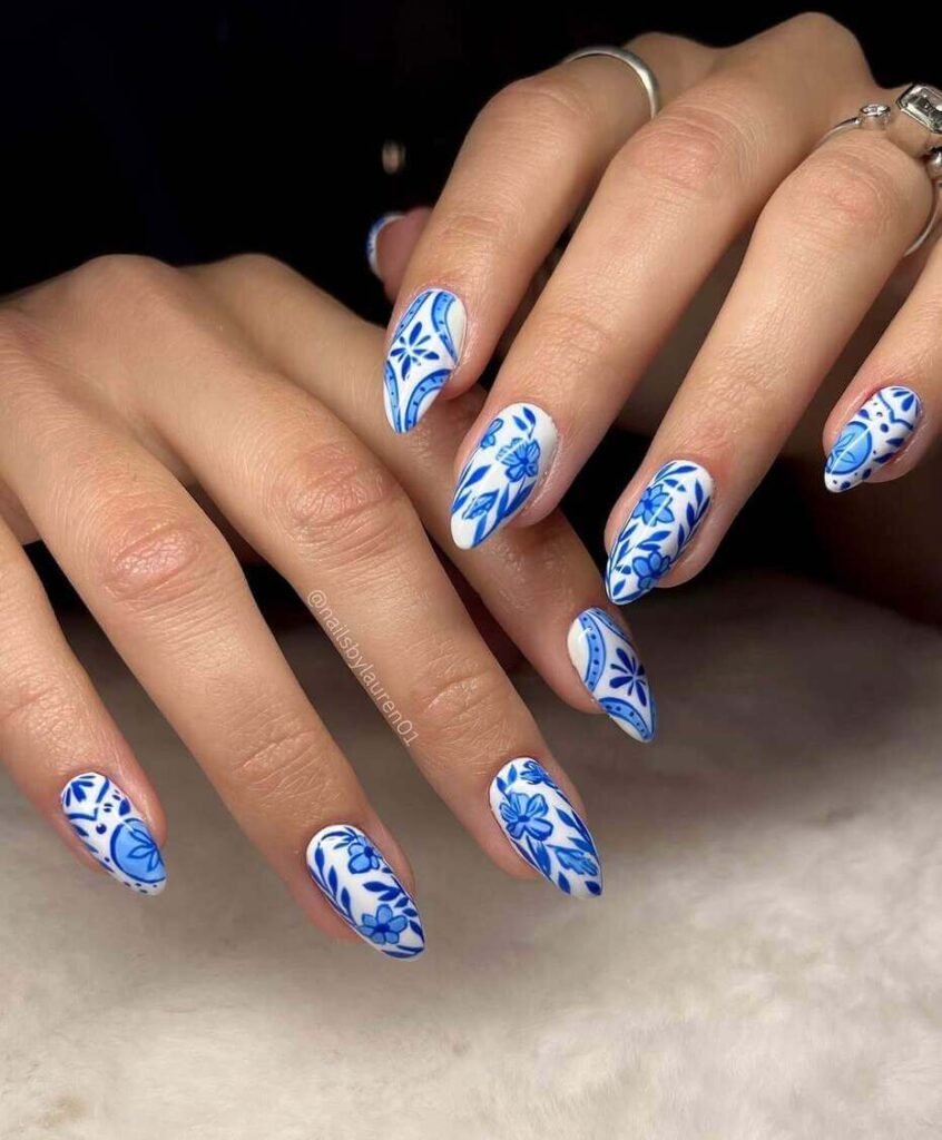 blue and white floral nails
