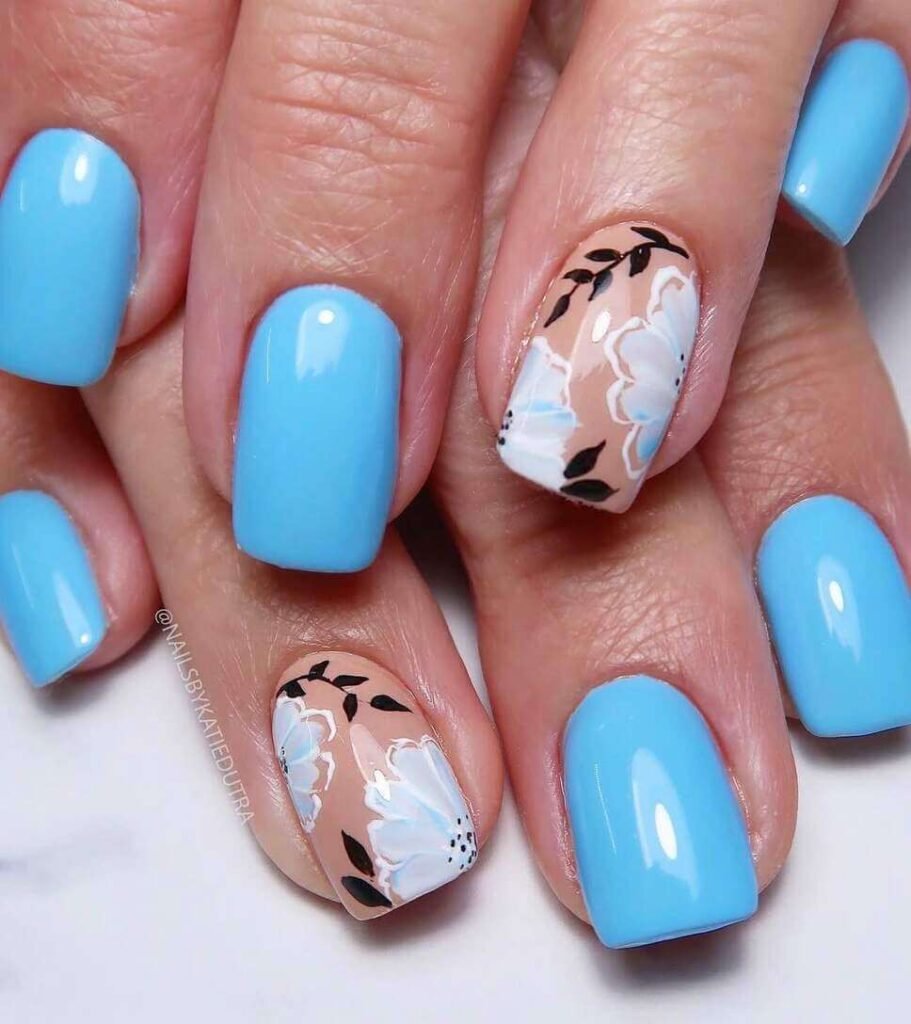blue and white floral nails