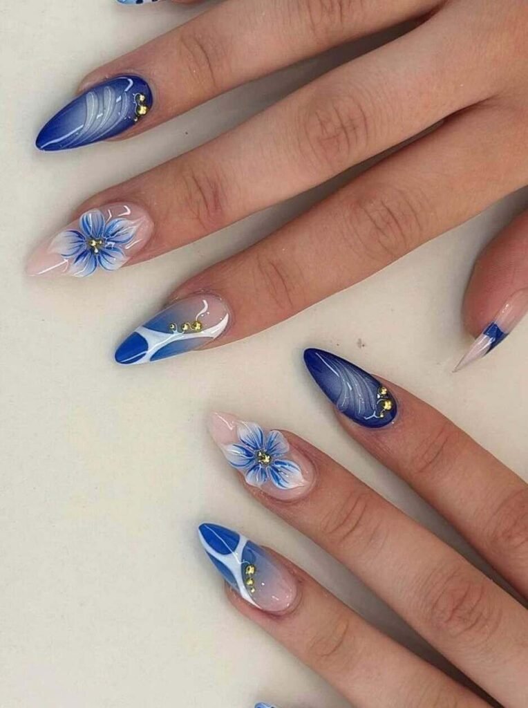 blue and white floral nails