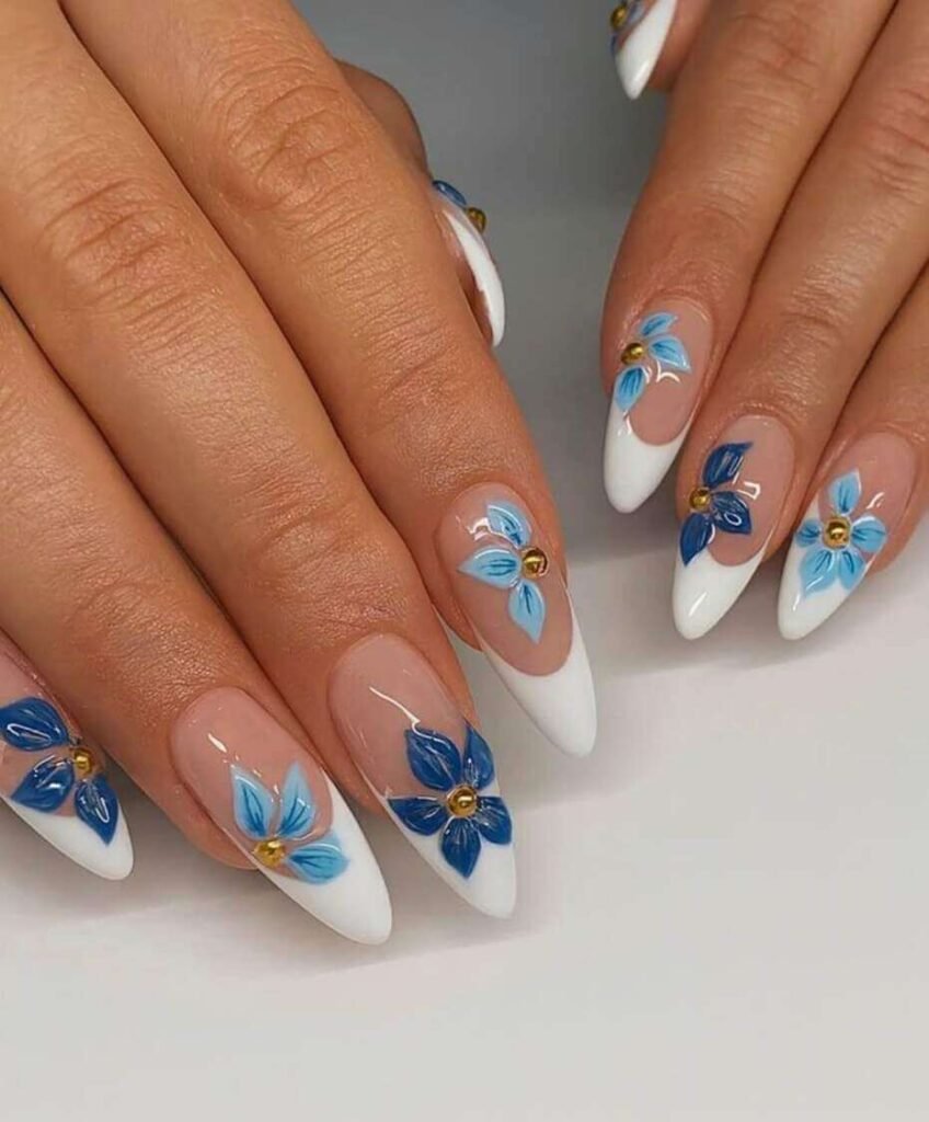 blue and white floral nails
