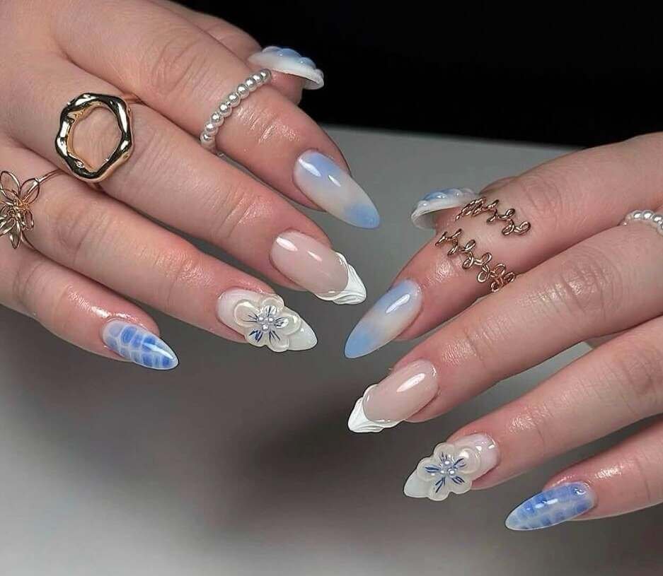 blue and white floral nails
