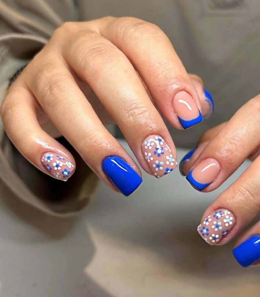blue and white floral nails