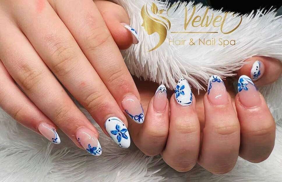 blue and white floral nails