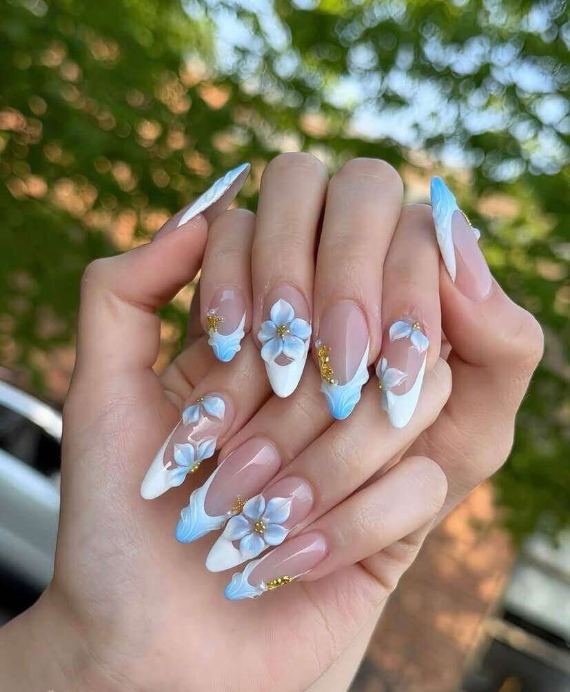 blue and white floral nails