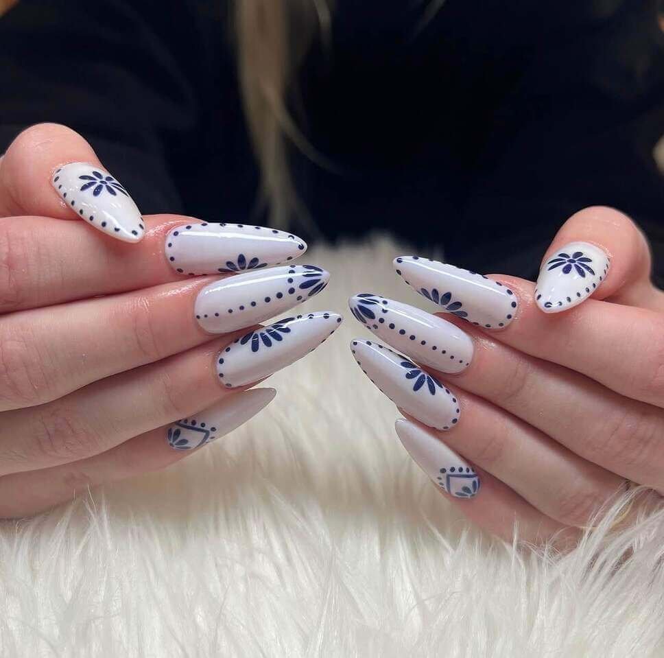 blue and white floral nails