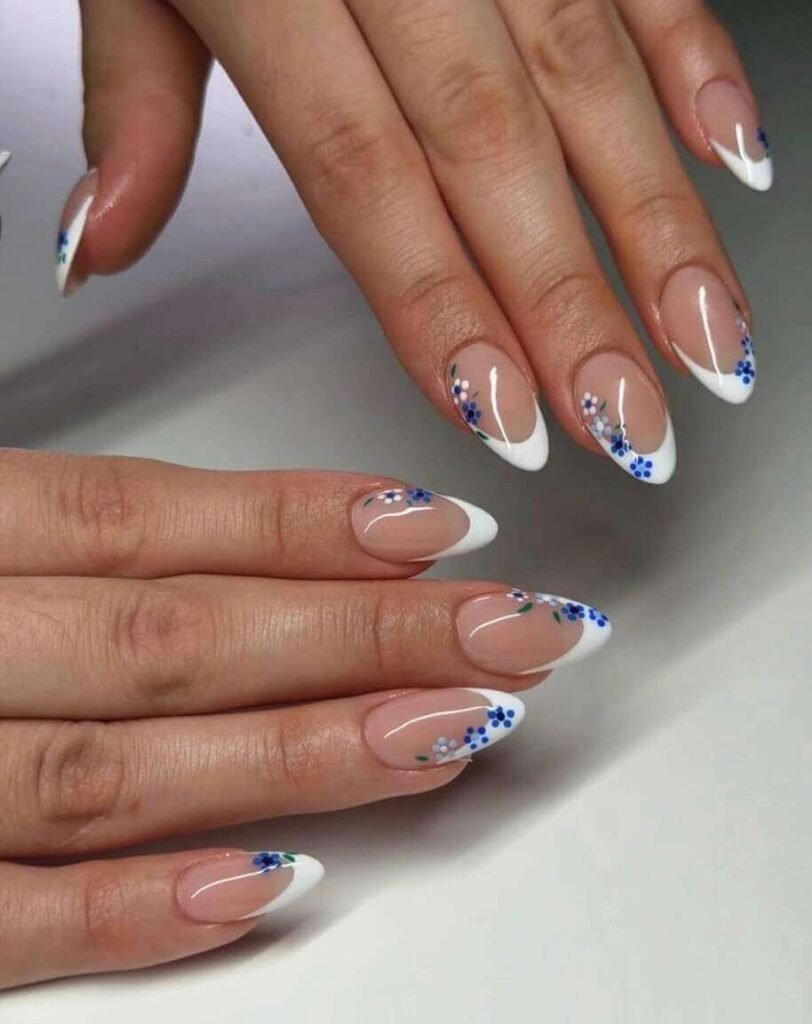 blue and white floral nails