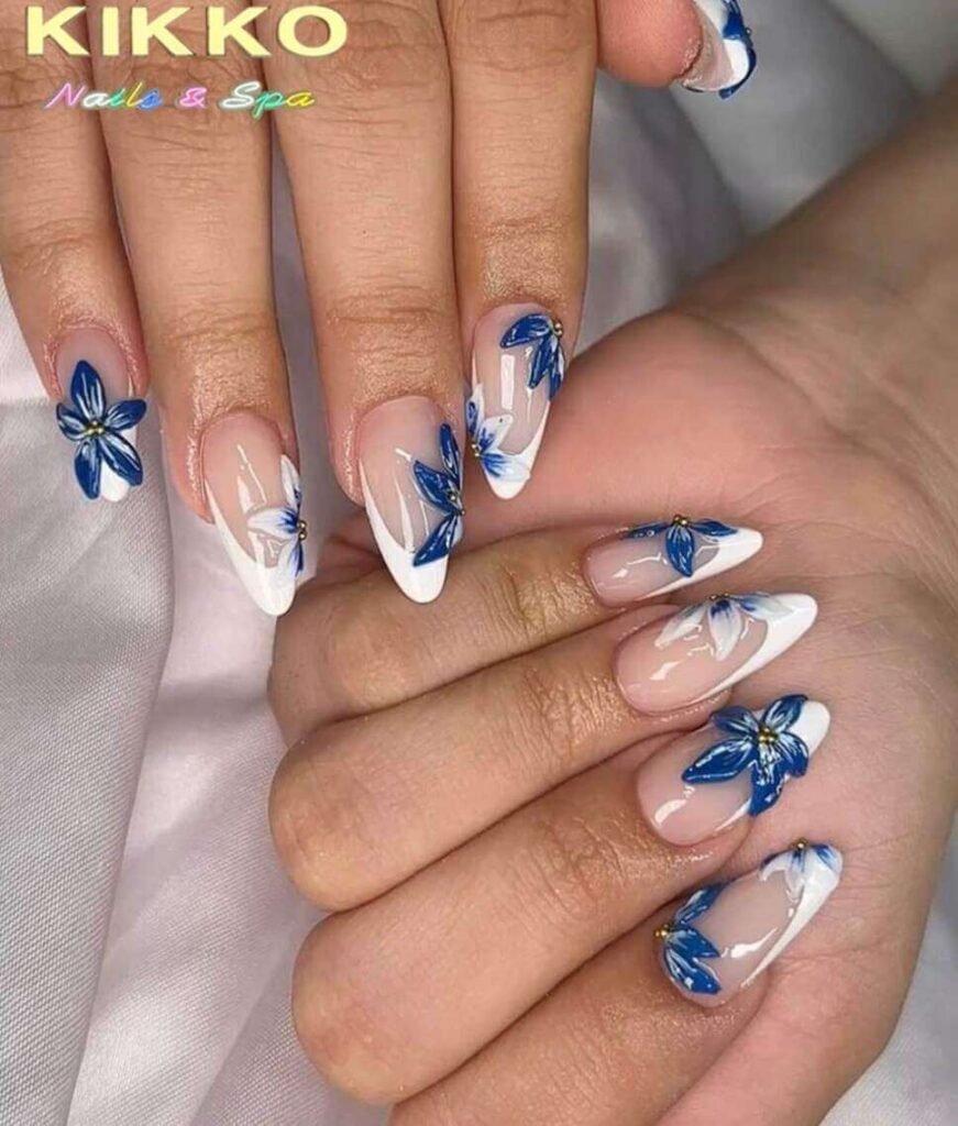 french tip blue and white floral nails