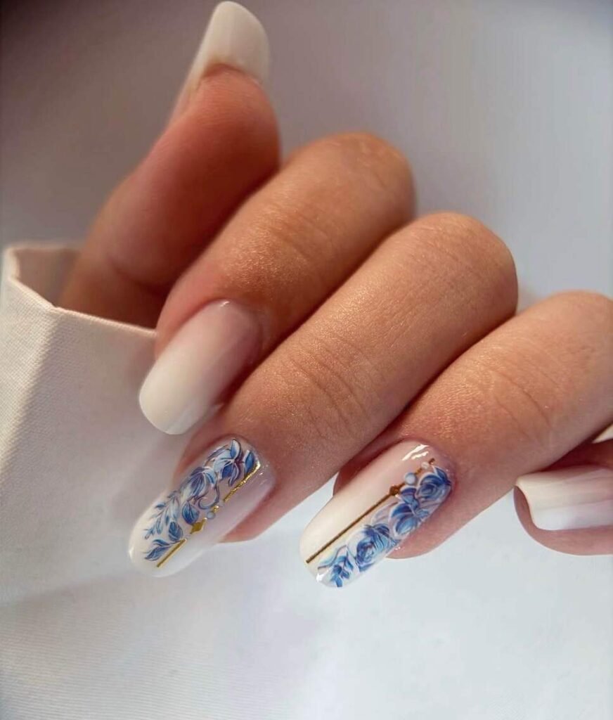 blue and white floral nails