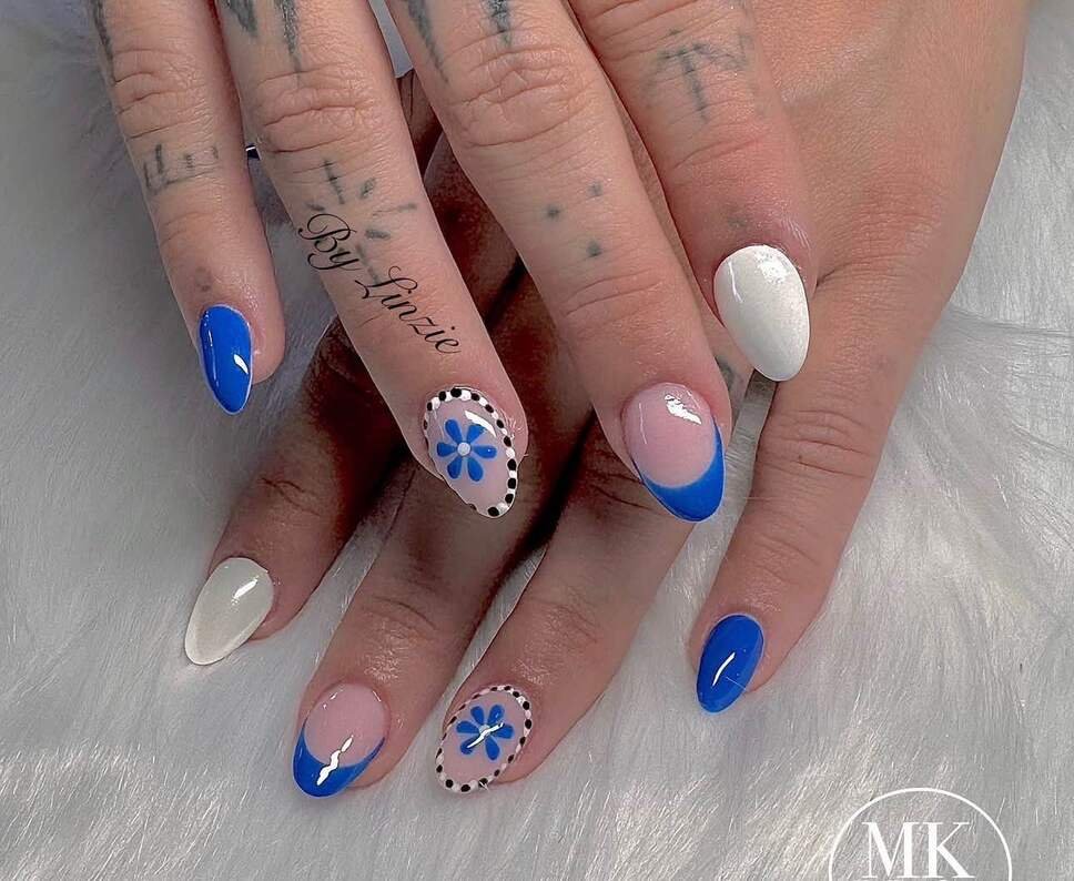blue and white floral nails