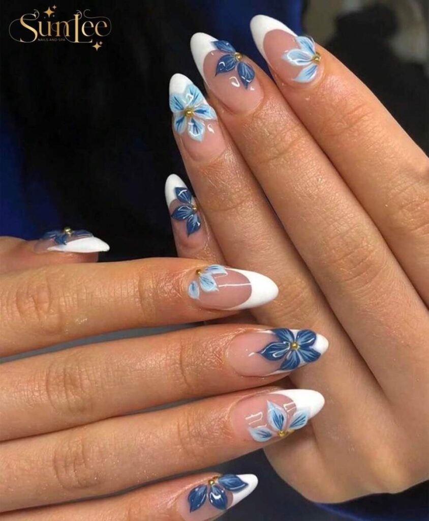blue and white floral nails