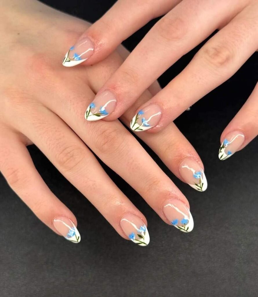 blue and white floral nails