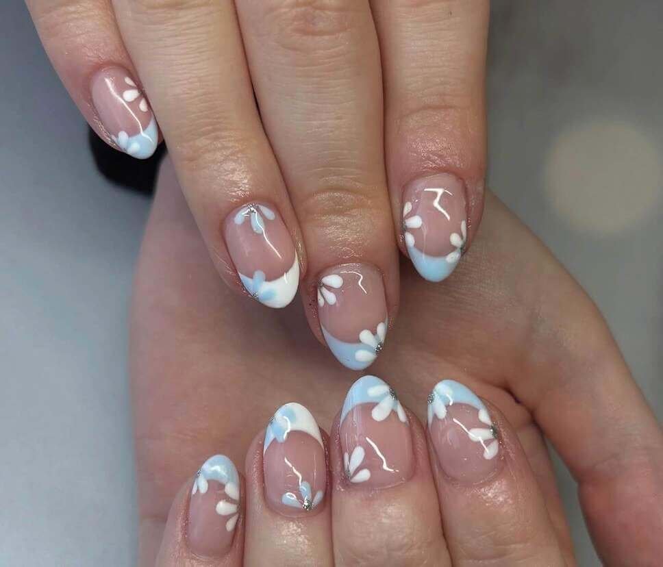 blue and white floral nails