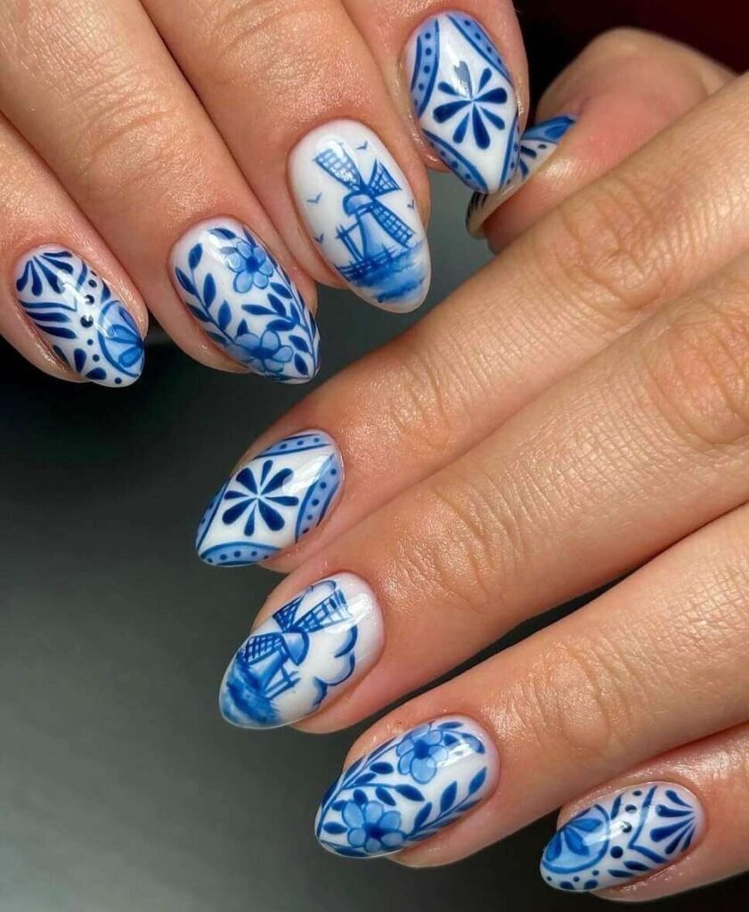 blue and white floral nails