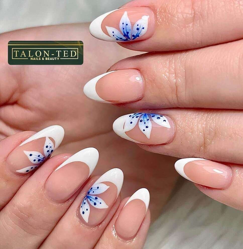 blue and white floral nails